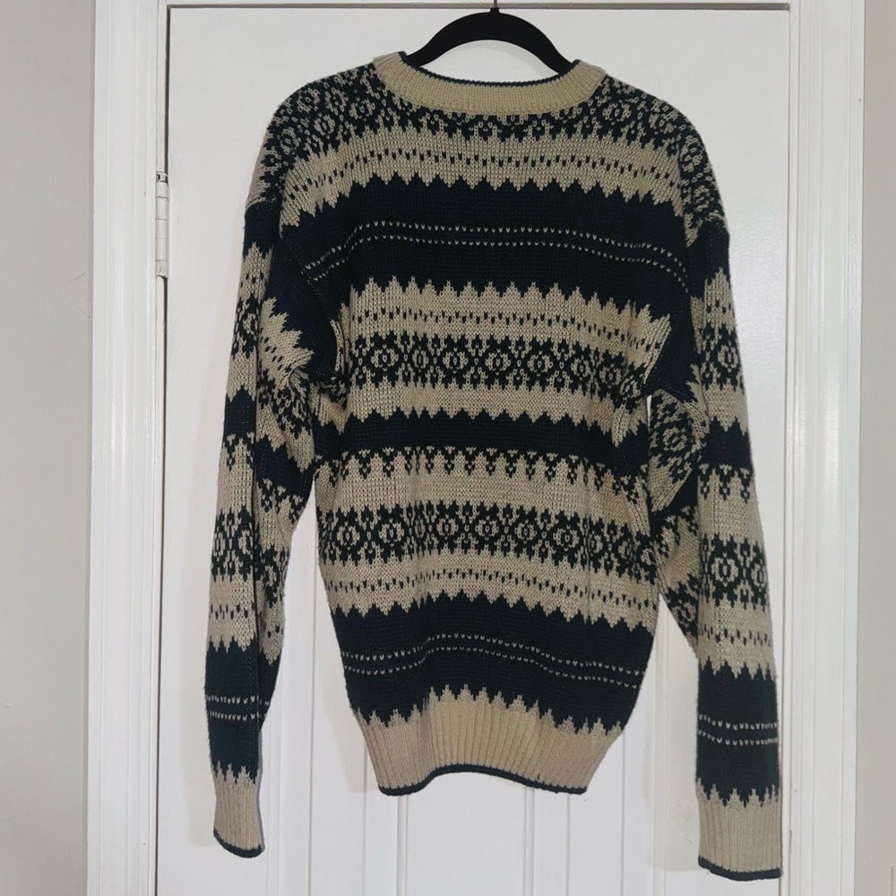 👑 VINTAGE SIZE L Men's Patterned Crewneck Sweater - Black and Cream - Picture 7 of 9